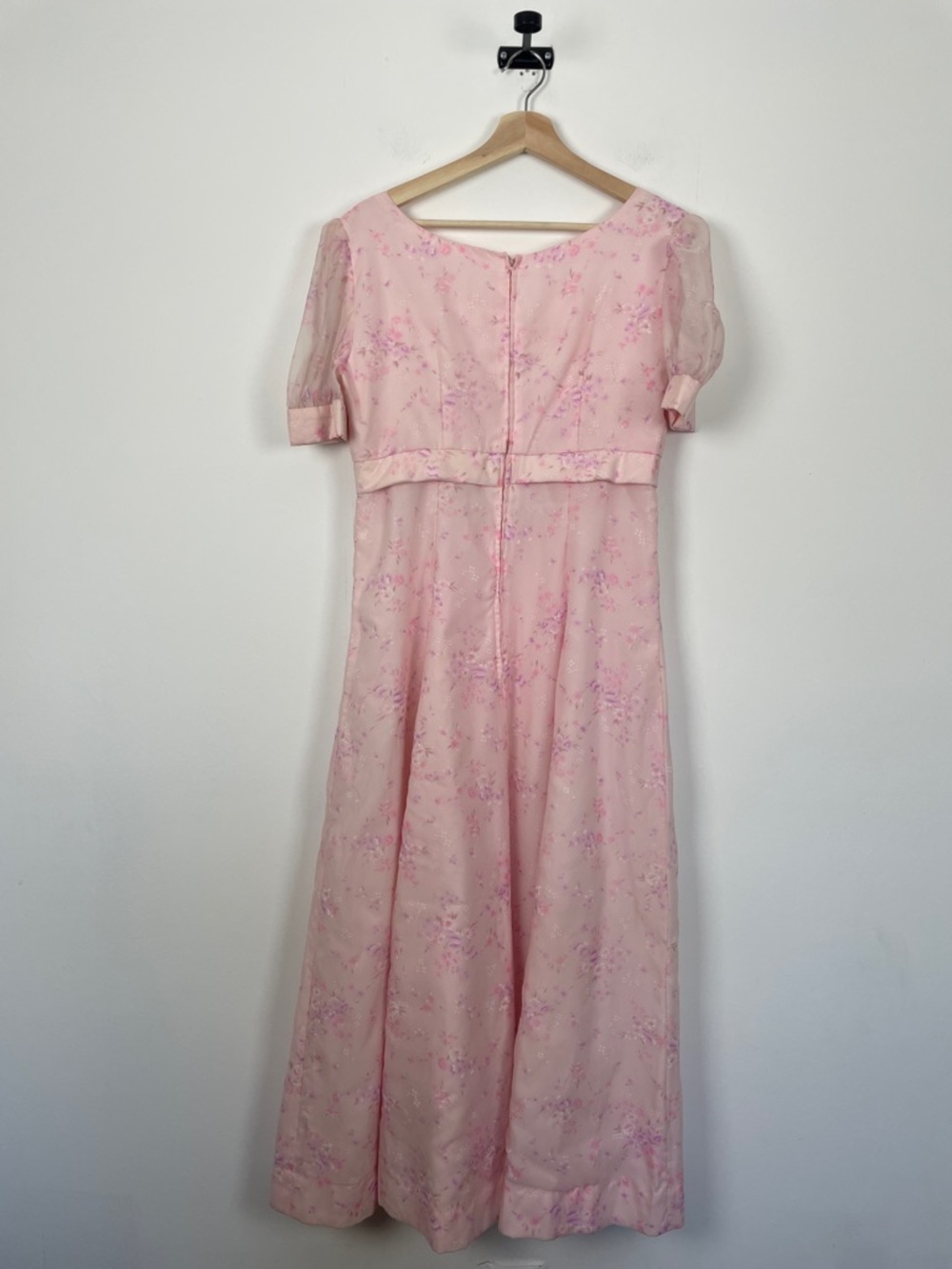 VTG Sheer Women's Lace Neckline Cottagecore Pink Floral Puff-Sleeve Maxi Dress - Picture 5 of 7